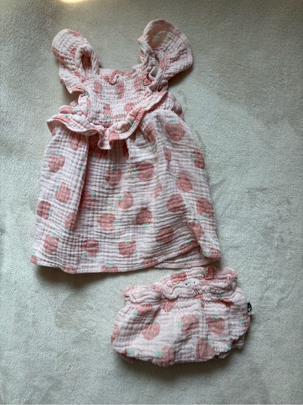Organic Cotton Pink Muslin Baby Dress with Matching Bloomers 3-6M